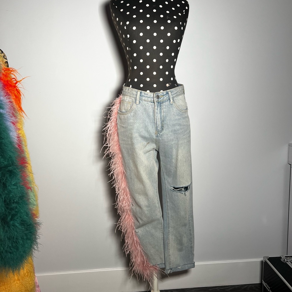 pink feather trim jeans
